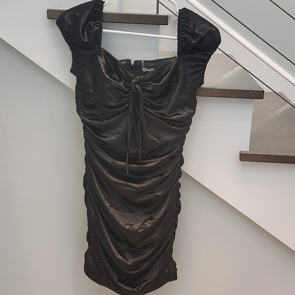 Chic Black Ruched Mini Dress - Picture 2 of 12